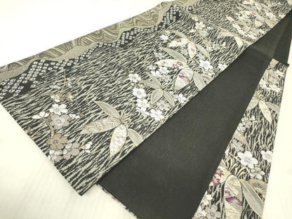 平和屋着物●六通柄袋帯　古代貝紫　笹に枝梅　黒地　金糸　正絹　逸品　DABG0867az