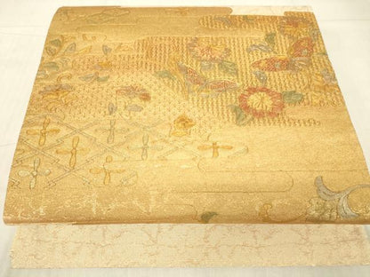平和屋着物▼中国三大刺繍　スワトウ刺繍　汕頭刺繍　太鼓柄袋帯　更紗花蝶文　金彩　正絹　逸品　DABG0882az