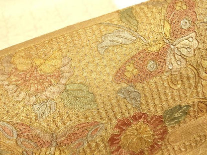 平和屋着物▼中国三大刺繍　スワトウ刺繍　汕頭刺繍　太鼓柄袋帯　更紗花蝶文　金彩　正絹　逸品　DABG0882az