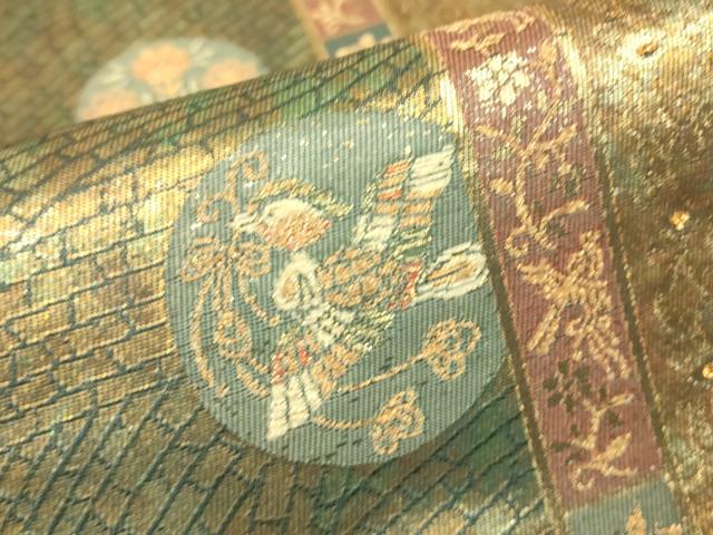 平和屋着物▼六通柄袋帯　正倉院鈿荘文　金銀糸　引箔　鈴乃屋扱い　正絹　逸品　DABG0910az
