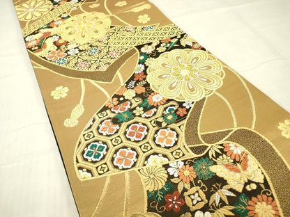 平和屋着物▼六通柄袋帯　正倉院花絵巻文　金糸　正絹　逸品　DABG0915az