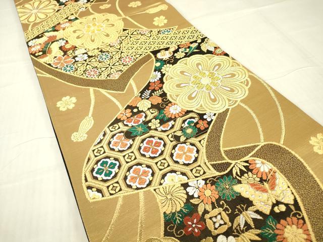 平和屋着物▼六通柄袋帯　正倉院花絵巻文　金糸　正絹　逸品　DABG0915az