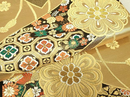 平和屋着物▼六通柄袋帯　正倉院花絵巻文　金糸　正絹　逸品　DABG0915az
