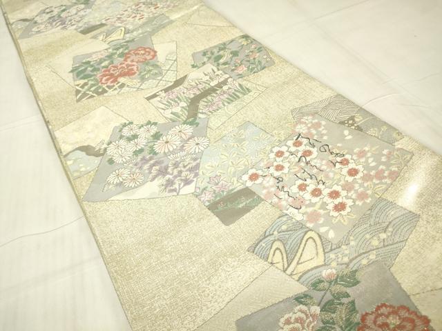 平和屋着物▼両面　全通柄袋帯　プラチナ　色紙重ね花文　正絹　逸品　DABG0931az