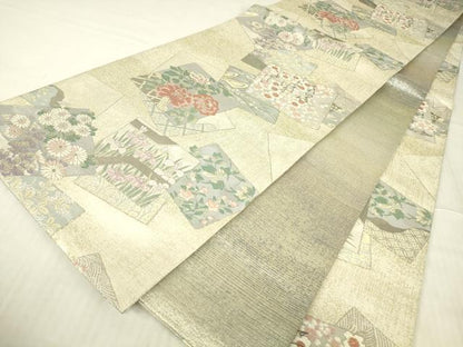 平和屋着物▼両面　全通柄袋帯　プラチナ　色紙重ね花文　正絹　逸品　DABG0931az