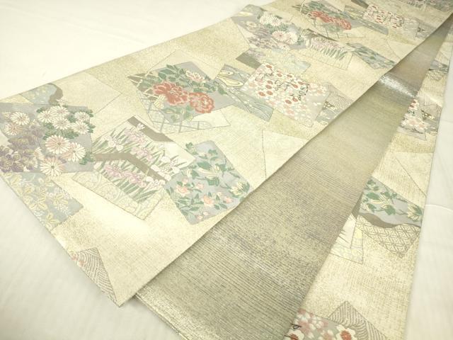 平和屋着物▼両面　全通柄袋帯　プラチナ　色紙重ね花文　正絹　逸品　DABG0931az