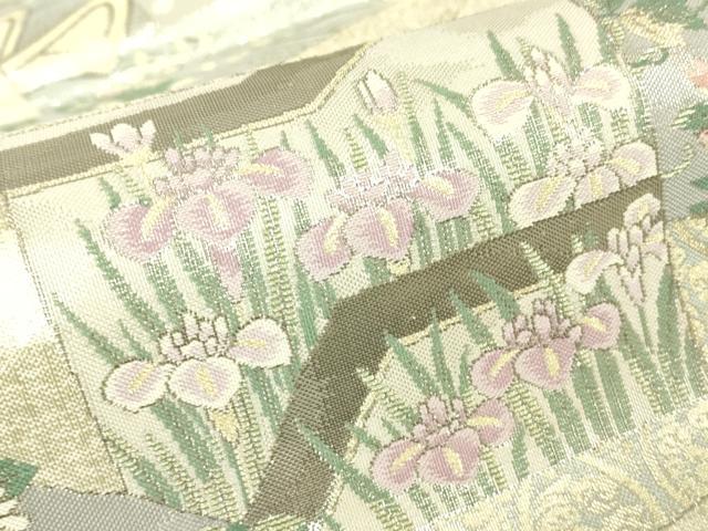 平和屋着物▼両面　全通柄袋帯　プラチナ　色紙重ね花文　正絹　逸品　DABG0931az