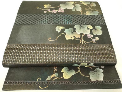 平和屋着物●極上　中国三大刺繍　スワトウ刺繍　汕頭刺繍　総刺繍　袋帯　葡萄蔦の葉文　黒地　金彩　引箔　正絹　逸品　DABG0933az