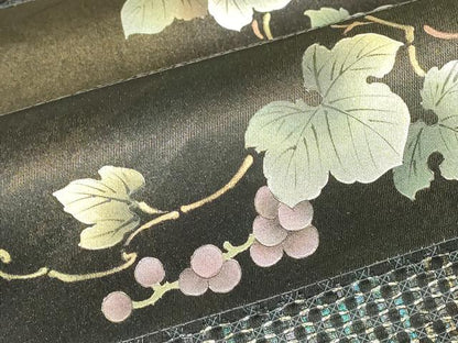 平和屋着物●極上　中国三大刺繍　スワトウ刺繍　汕頭刺繍　総刺繍　袋帯　葡萄蔦の葉文　黒地　金彩　引箔　正絹　逸品　DABG0933az