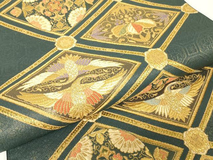 平和屋本店▼六通柄袋帯　本金　吉祥向い鳥花文　正絹　逸品　DABG0945az
