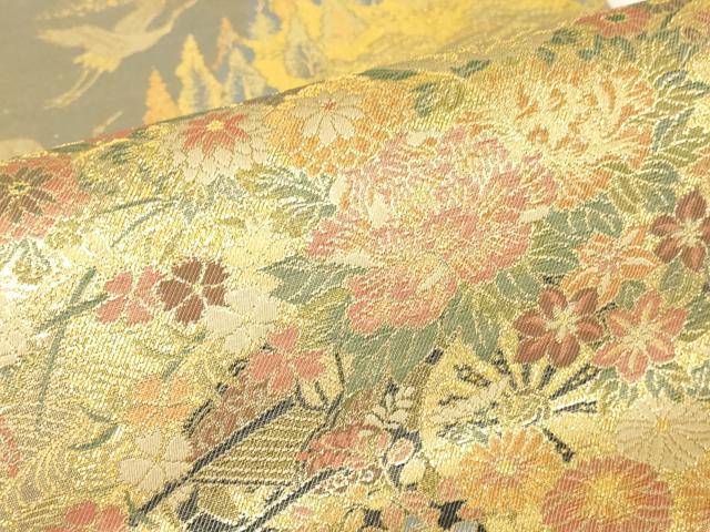 平和屋着物▼六通柄袋帯　飛鶴花車文　金糸　正絹　逸品　DABG0950az