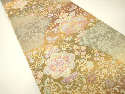 平和屋着物▼六通柄袋帯　正倉院更紗花文　金糸　正絹　逸品　DABG0952az