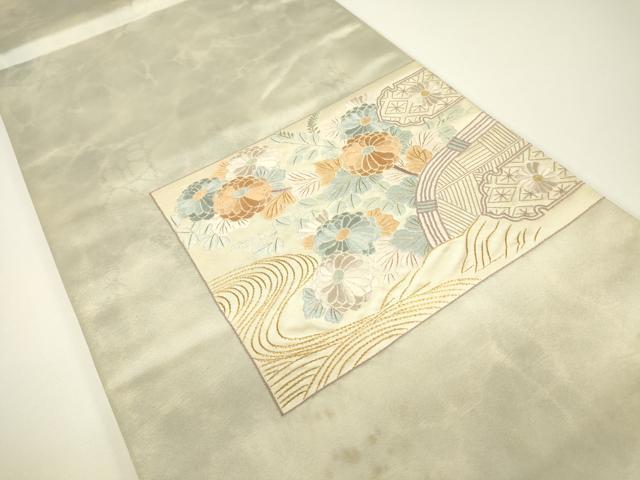 平和屋着物▼太鼓柄袋帯　総刺繍　籬流水花文　金糸　正絹　逸品　DABG0957az