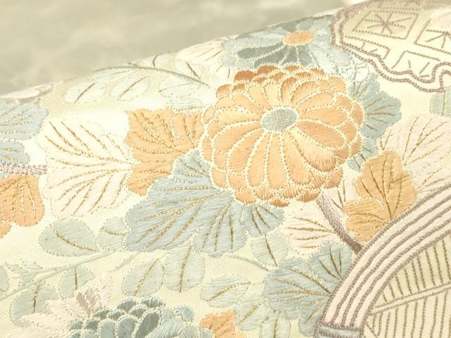 平和屋着物▼太鼓柄袋帯　総刺繍　籬流水花文　金糸　正絹　逸品　DABG0957az