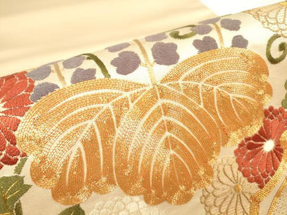 平和屋着物▼太鼓柄袋帯　総刺繍　駒刺繍　桐菊文　金糸　正絹　逸品　DABG0959az