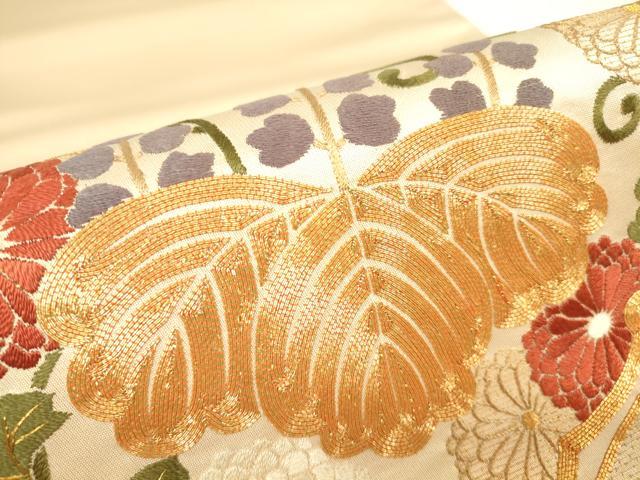 平和屋着物▼太鼓柄袋帯　総刺繍　駒刺繍　桐菊文　金糸　正絹　逸品　DABG0959az