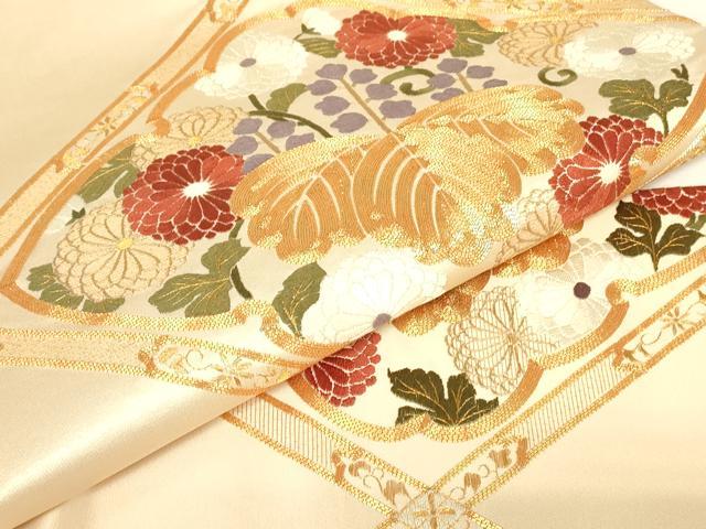 平和屋着物▼太鼓柄袋帯　総刺繍　駒刺繍　桐菊文　金糸　正絹　逸品　DABG0959az