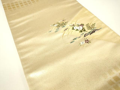 平和屋着物▼総刺繍　太鼓柄袋帯　微細手刺繍　手織　草花文　金糸　反端付き　正絹　逸品　DABG0962az