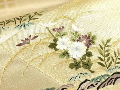 平和屋着物▼総刺繍　太鼓柄袋帯　微細手刺繍　手織　草花文　金糸　反端付き　正絹　逸品　DABG0962az