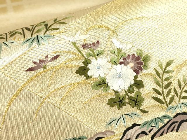 平和屋着物▼総刺繍　太鼓柄袋帯　微細手刺繍　手織　草花文　金糸　反端付き　正絹　逸品　DABG0962az