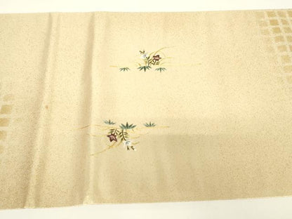 平和屋着物▼総刺繍　太鼓柄袋帯　微細手刺繍　手織　草花文　金糸　反端付き　正絹　逸品　DABG0962az