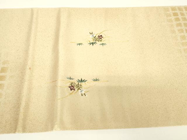 平和屋着物▼総刺繍　太鼓柄袋帯　微細手刺繍　手織　草花文　金糸　反端付き　正絹　逸品　DABG0962az