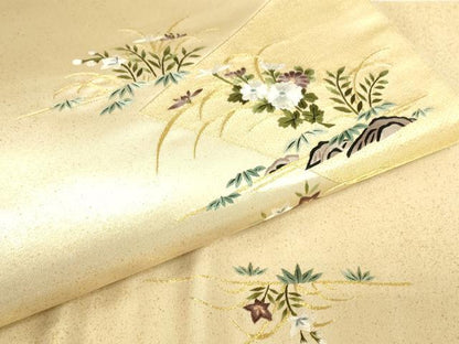 平和屋着物▼総刺繍　太鼓柄袋帯　微細手刺繍　手織　草花文　金糸　反端付き　正絹　逸品　DABG0962az