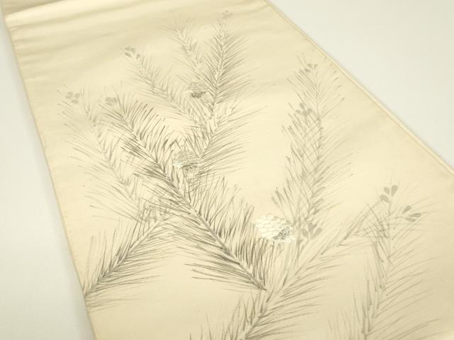 平和屋着物▼太鼓柄袋帯　刺繍　作家物　舞葉文　手描き　銀糸　正絹　逸品　DABG0967az
