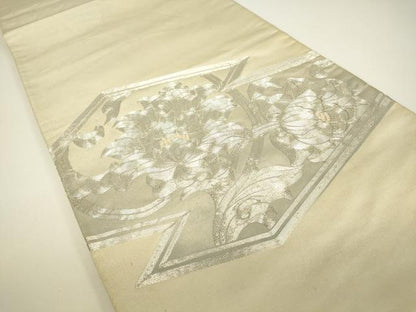 平和屋着物▼太鼓柄袋帯　駒刺繍　総刺繍　松皮菱取牡丹文　銀糸　正絹　逸品　DABG0986az