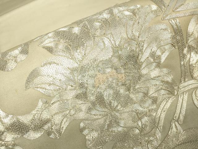 平和屋着物▼太鼓柄袋帯　駒刺繍　総刺繍　松皮菱取牡丹文　銀糸　正絹　逸品　DABG0986az