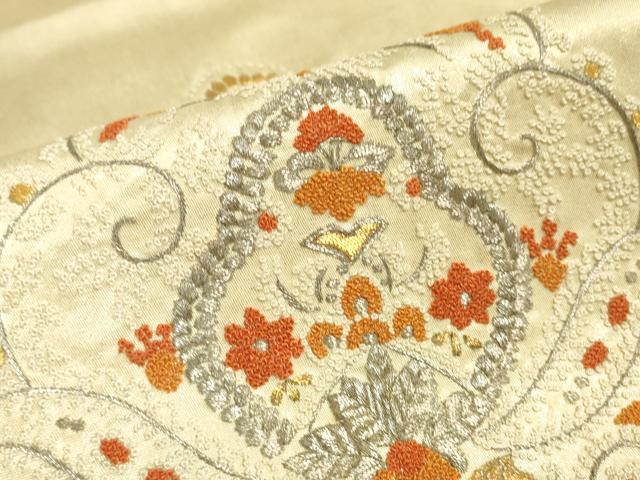平和屋着物▼中国三大刺繍　相良刺繍　総刺繍　太鼓柄袋帯　正倉院更紗花文　金銀糸　引箔　正絹　逸品　DABG0990az