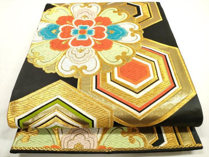 平和屋着物◎六通柄　京袋帯　唐織　亀甲正倉院花文　黒地　金糸　正絹　逸品　DABG1015xg
