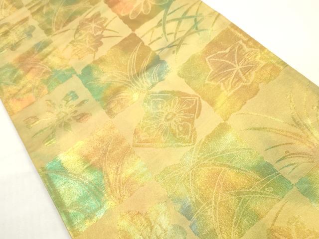 平和屋着物◎六通柄袋帯　格子草花文　金糸　引箔　正絹　逸品　DABG1020xg