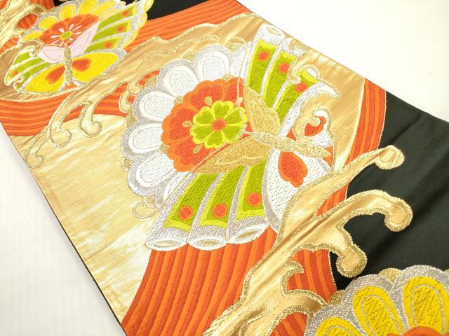 平和屋着物◎六通柄袋帯　唐織　立波正倉院花蝶文　黒地　金銀糸　正絹　逸品　DABG1088xg