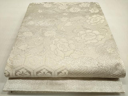 平和屋着物◎六通柄袋帯　唐織　雲取り吉祥花文　佐賀つづれ織　銀糸　正絹　逸品　DABG1092xg