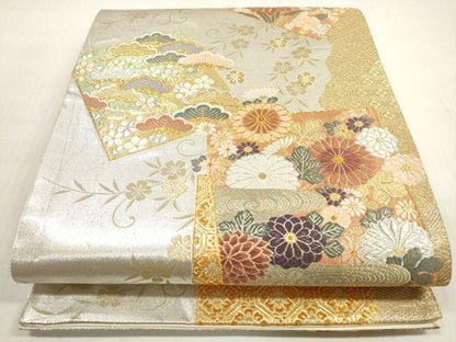 平和屋着物◎六通柄袋帯　唐織　吉祥色紙重ね草花文　金銀糸　正絹　逸品　DABG1107xg