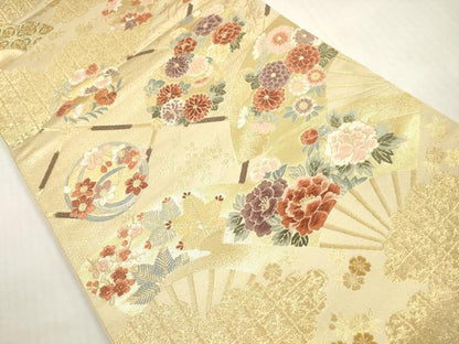 平和屋着物◎六通柄袋帯　唐織　扇面花文　金糸　鈴乃屋扱い　正絹　逸品　DABG1120xg