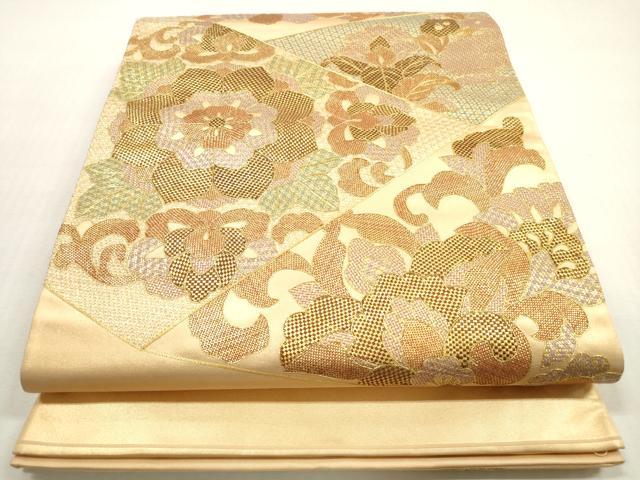 平和屋着物◎太鼓柄袋帯　駒刺繍　切嵌更紗花文　金糸　正絹　逸品　DABG1191xg