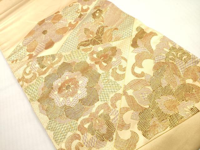 平和屋着物◎太鼓柄袋帯　駒刺繍　切嵌更紗花文　金糸　正絹　逸品　DABG1191xg