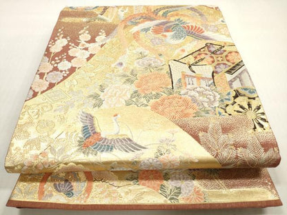 平和屋着物◎六通柄袋帯　御所車花鳥文　紹彩錦　九百織　金銀糸　正絹　逸品　DABG1195xg