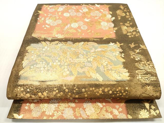 平和屋着物◎本綾佐賀錦　伝統工芸品産業功労者　岡野武一郎　六通柄袋帯　横段花鳥文　金銀糸　正絹　逸品　DABG1199xg