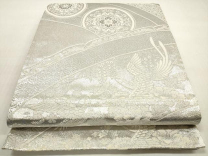 平和屋着物◎六通柄袋帯　唐織　吉祥花鳥文　プラチナ銀箔二重織　正絹　逸品　DABG1203xg