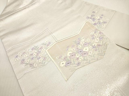 平和屋着物◎九寸名古屋帯　総刺繍　駒刺繍　屏風草花文　銀糸　正絹　逸品　DABG1211xg