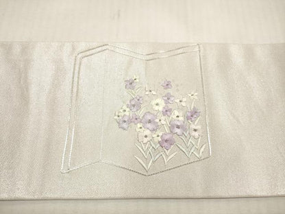 平和屋着物◎九寸名古屋帯　総刺繍　駒刺繍　屏風草花文　銀糸　正絹　逸品　DABG1211xg