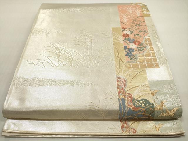 平和屋着物◎六通柄袋帯　唐織　短冊花鳥文　芒　金銀糸　正絹　逸品　DABG1345xg