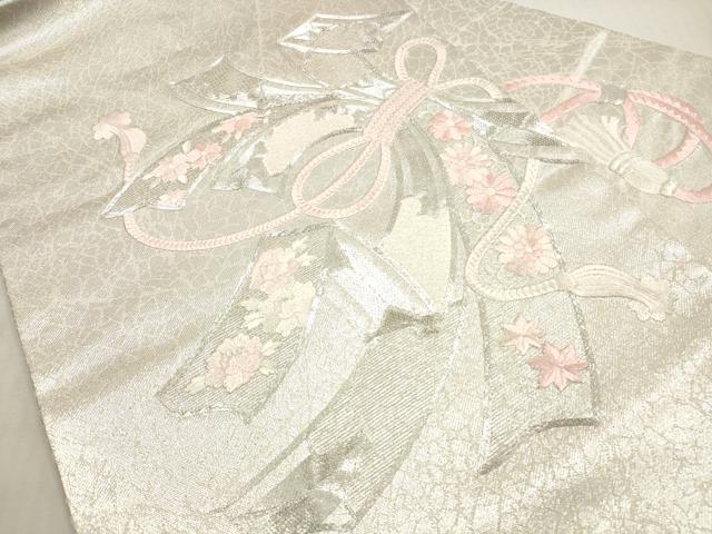 平和屋着物◎九寸名古屋帯　総刺繍　駒刺繍　束ね熨斗花文　銀糸　正絹　逸品　DABG1394xg