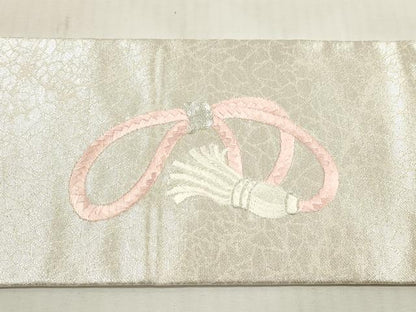 平和屋着物◎九寸名古屋帯　総刺繍　駒刺繍　束ね熨斗花文　銀糸　正絹　逸品　DABG1394xg
