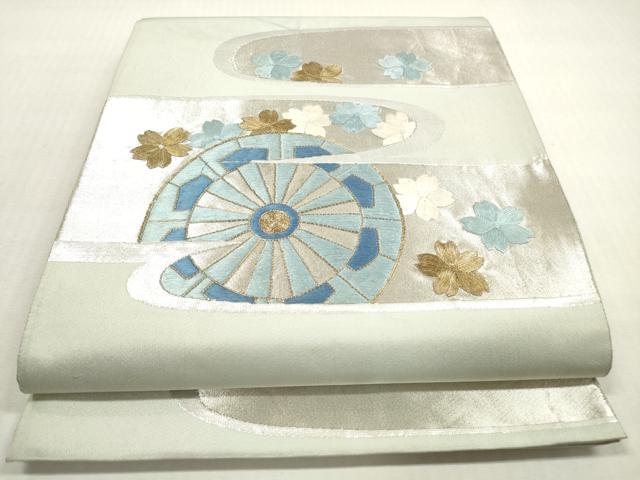 平和屋着物◎太鼓柄袋帯　駒刺繍　エ霞片輪車花文　金銀糸　正絹　逸品　DABG1418xg