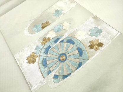 平和屋着物◎太鼓柄袋帯　駒刺繍　エ霞片輪車花文　金銀糸　正絹　逸品　DABG1418xg