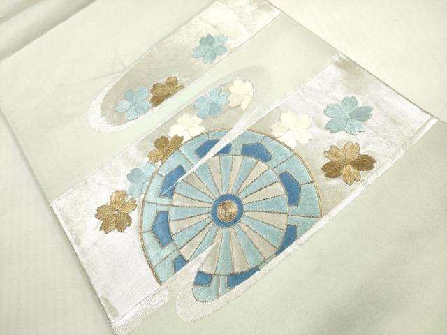 平和屋着物◎太鼓柄袋帯　駒刺繍　エ霞片輪車花文　金銀糸　正絹　逸品　DABG1418xg